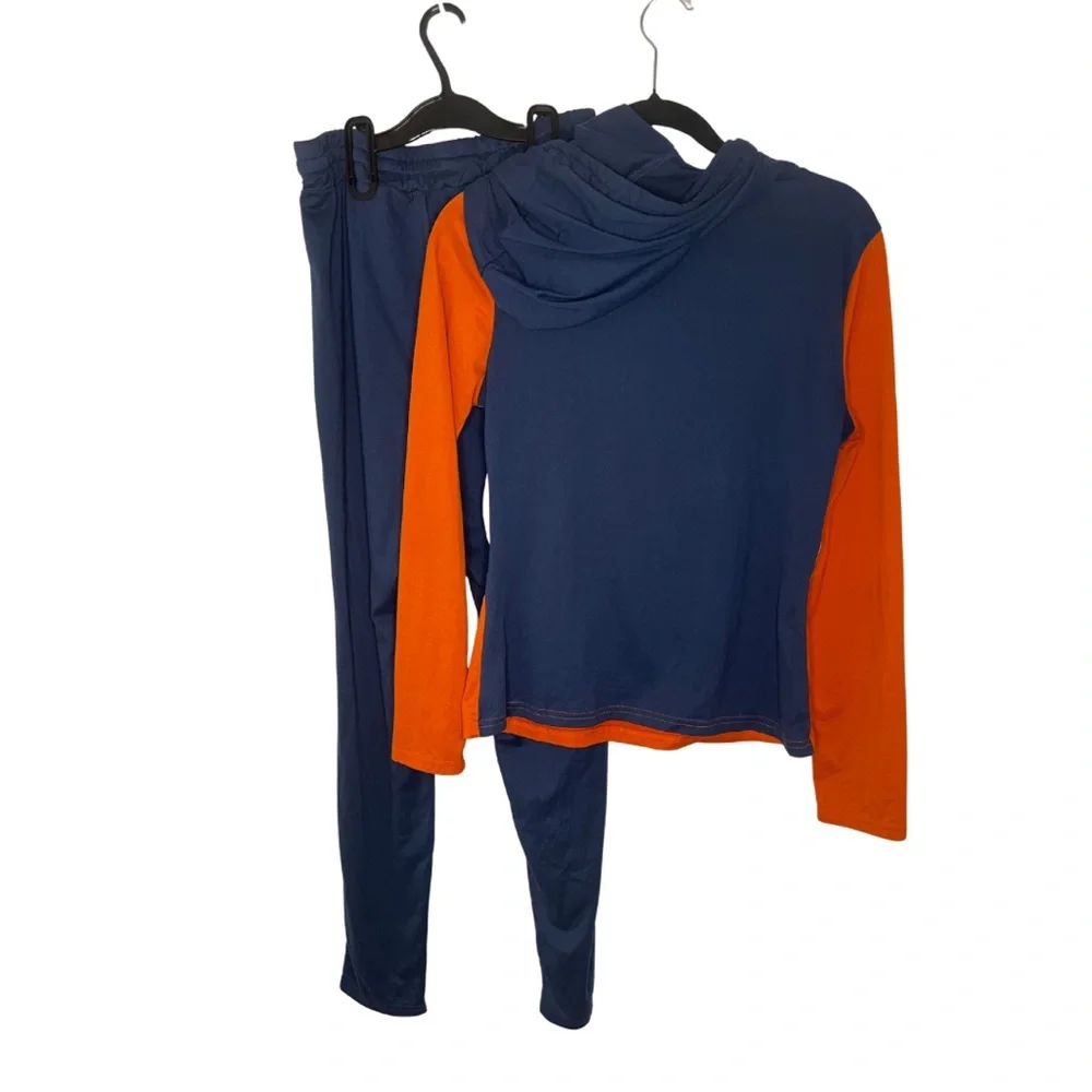 SHEIN Navy Blue Orange and Cream Colorblock Hoodie Jogger Set